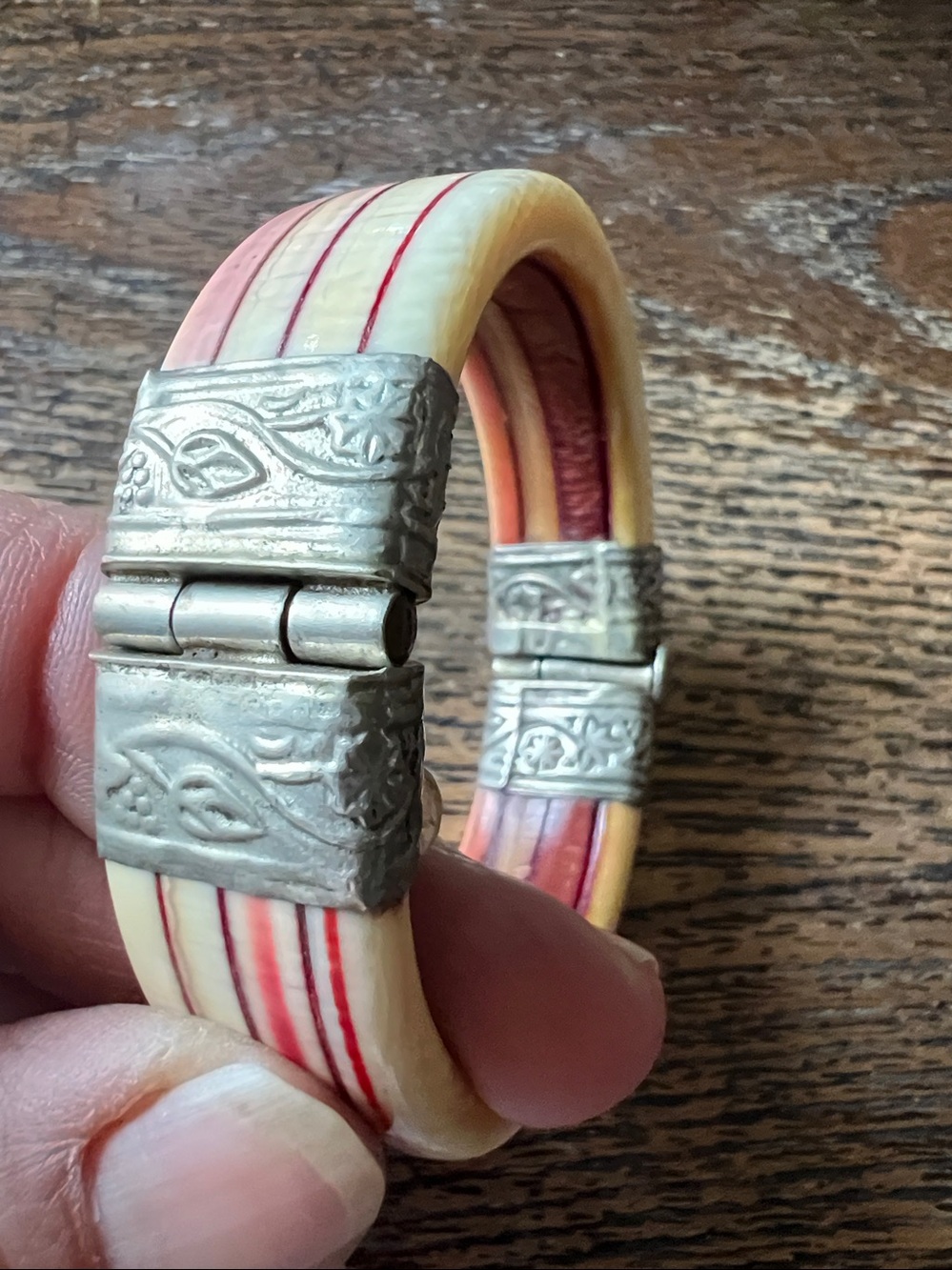 Antique Bone & Silver hinged bangle bracelet